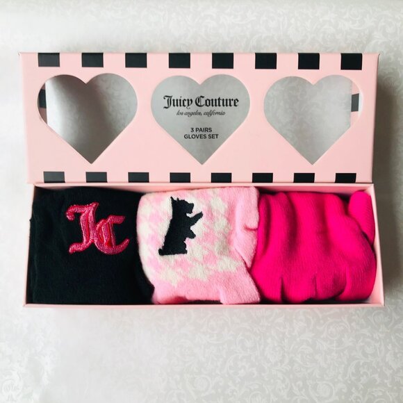 JUICY COUTURE Women’s Winter Gloves Pink and Black 3 Pairs Set - Picture 1 of 5